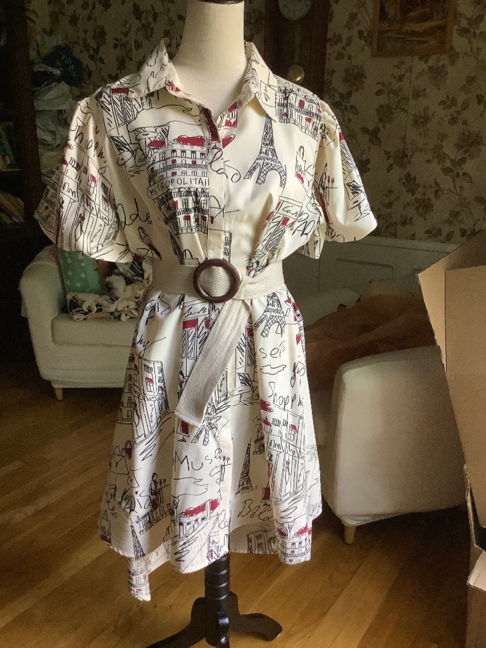 Her Destini Hi-Lo Paris Eiffel Tower Button Down Ballon Sleeve Dress Size M